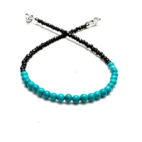 Natural Black Spinel Teal Turquoise Bracelet Handcrafted in Solid 14k White Gold - Picture 3 of 6